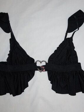 East West Label Black Ruffle Heart-Front Bralette